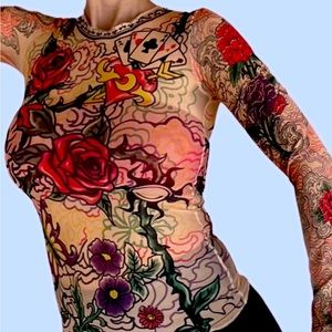 Tattoo style stretch see through shirt